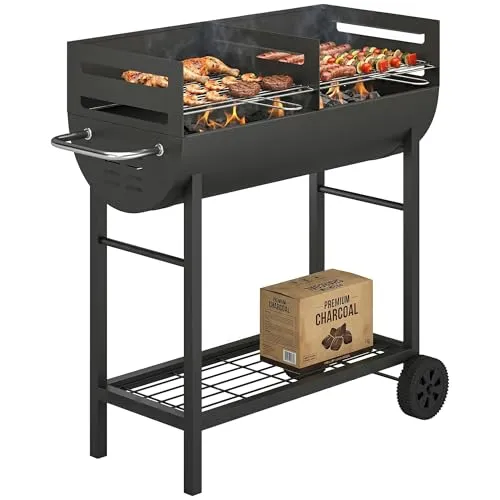 Outsunny Holzkohlegrill Grillwagen mit 2 Grillzonen und höhenverstellbarem Grillrost