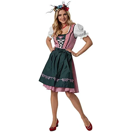 dressforfun Mini Dirndl Damen, kurzes Trachtenkleid kariert, Dirndlkleid Damen, Trachtenmode Damen Trachten Trachtenrock mit Dirndlschürzen, Tracht Oberteil Stickerei - (L| Nr. 302957)