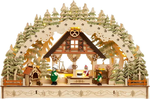 SIKORA Schwibbogen LB69 3D Weihnachtsbäckerei mit LED Beleuchtung - Schwibbogen mit verdeckt liegender LED-Beleuchtung, handgefertigt aus buntem Holz, ideal für eine festliche Atmosphäre und flexibel durch Batteriebetrieb.