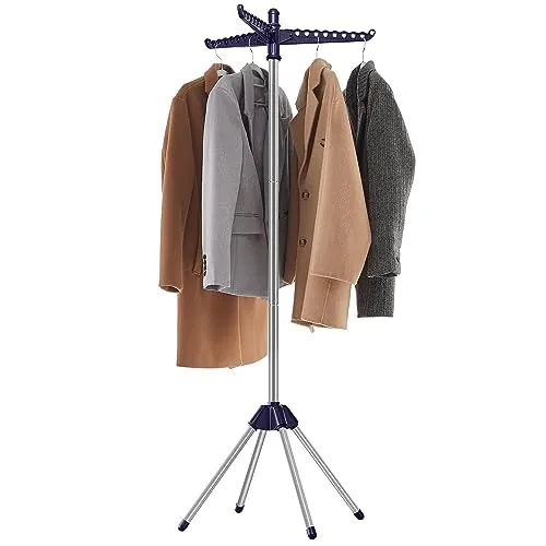 SONGMICS Wäscheständer, Standtrockner, 3 drehbare Arme für Kleiderbügel, 4 Beine, klappbar, für Innenbereich, Edelstahl, für Kleidung und Socken, 150 cm hoch, blau-silbern LLR510Q01
