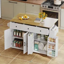 OKWISH Kücheninsel 140x43(70)x90,5 cm mit klappbarer Arbeitsplatte in Weiß, 4 Türen, 3 Schubladen und Barn-Stil-Design