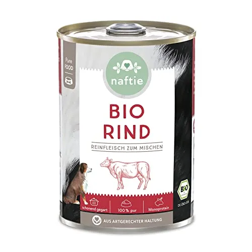 naftie Bio Hundefutter 100% Bio-Rind - Reinfleisch-Dose Rind pur - Hunde-Nassfutter zum Mischen, Barf-Fleisch - glutenfrei, getreidefrei - 400g Dose