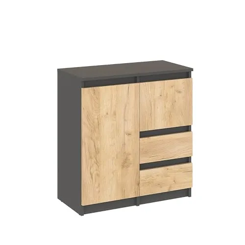 KOMTO Kommode mit 2 Türen und 2 Schubladen – Komodenschrank für Schlafzimmer, Wohnzimmer oder Flur | Sideboard Antrazit/Honing Eiche PIKO 2 70 x 35 x 74,5 cm