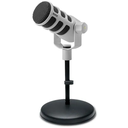 RØDE Podmic USB Weiss - Hochwertiges Mikrofon Set - Mikrofone: Dynamisches Sprechermikrofon mit integrierten Effekten für optimierten Studio-Sound, ideal für Podcasts und Streaming. Inkl. Tisch-Stativ und Popschutz.