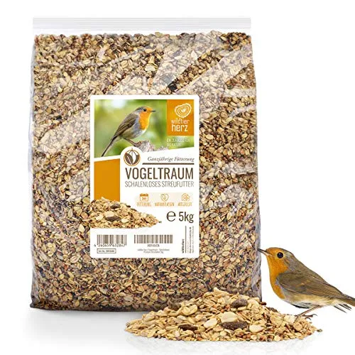 wildtier herz I Vogeltraum Schalenlos - Premium Vogelfutter, Wildvogelfutter Schalenfrei, Ganzjahresfutter mit Sonnenblumenkerne, Vogel Streufutter (5kg)