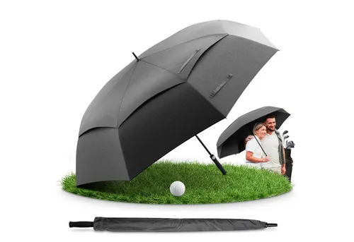 Styngard Golfregenschirm BELFAST XXL - Regenschirm für 2 Personen, grau mit automatischem Öffnungsmechanismus und einem großzügigen Durchmesser von 140 cm - ideal für windige Tage auf dem Golfplatz.