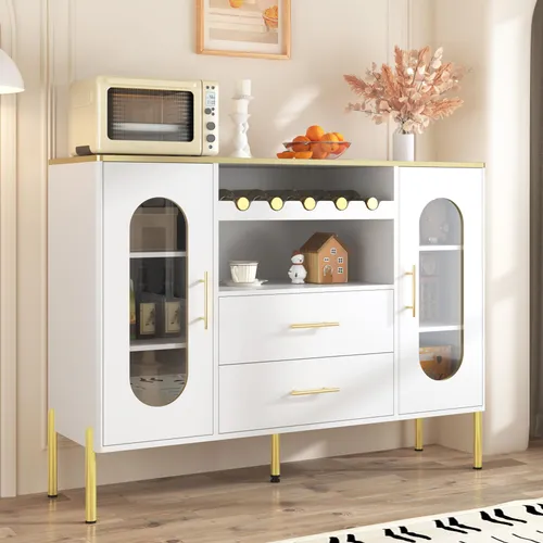 Merax Sideboard mit Glasfronten und Weinregal - Elegantes Sideboard mit hochwertiger MDF-Oberfläche in Weiß und goldenen Akzenten. Viel Stauraum durch zwei Schranktüren, zwei Schubladen und ein offenes Weinregal – ideal für modernes Wohnen.