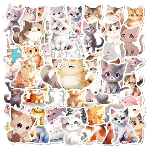 Katzenaufkleber, Katzenaufkleber-Set, Cartoon-Tieraufkleber, Kinderaufkleber, wasserfeste Aufkleber, Partyaufkleber, süße Aufkleber, geeignet für Tagebücher, Computer, Gitarren usw. 50