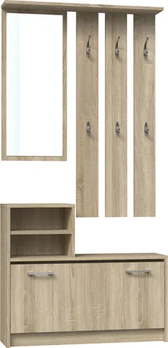 CDF Garderobe | Farbe: Eiche Sonoma | Großer Spiegel | Kleiderbügel | Geräumiger Schuhschrank | Ideal für Diele, Flur | Praktische Ablagen