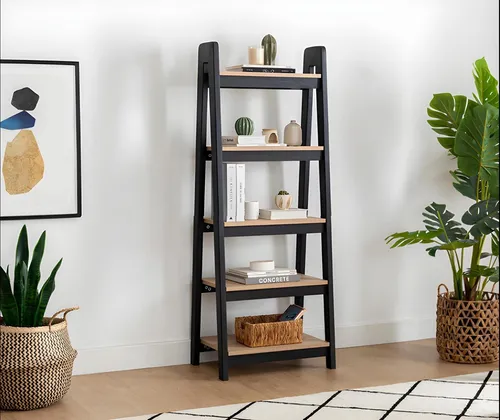 Schwarz-Braunes Designer Bücherregal für modernes Wohnen - Elegantes Bücherregal mit 5 Fächern, ideal für Arbeitszimmer oder Wohnzimmer. Mit kompakten Maßen von 66 x 40 x 160 cm bietet es viel Stauraum und passt perfekt in jedes moderne Zuhause.