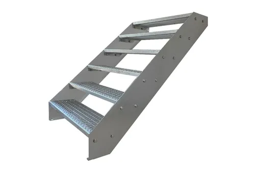 Kaminbau Mierzwa Außentreppe Premium Treppe Silber Höhe Verstellbar, für Geschosshöhen bis 114 cm, Stufen Gitterroststufen nach DIN 24531, (Höhe 114 cm, Breite wählbar aus 60, 80, 100, 120, 140 cm), Gartentreppe Stahltreppe Wetterfest Rostfrei Feuer-Verzinkt Rutschfest