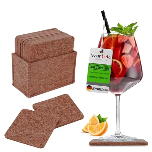 wortek Filzuntersetzer eckig für Gläser – 10er Set mit Aufbewahrungsbox, Glasuntersetzer für Getränke, Tassen, Bar, Glas - Ø 10cm Tischuntersetzer Untersetzer Gläser Braun