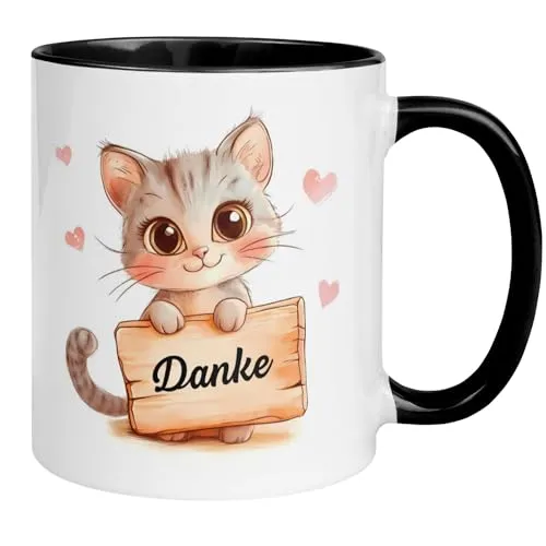 Danke Dankeschön Tasse mit Spruch | Katze mit Danke Schild & Herzen | Danke für Alles Geschenk | Lieblingsmensch - Herzensmensch | Dankesspruch Danksagung | Einfach Mal Danke Sagen