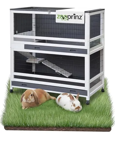 zooprinz gemütliches Hasenzuhause 2 Etagen -115×60×118 cm – Hasenstall/Kaninchenstall aus Holz auf 4 Rollen (mit Bremsen), herausziehbare Wannen 89×57 & 110×57 cm, trennbar, große Türen + Klappdach