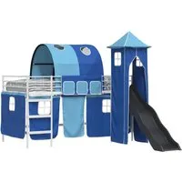 vidaXL Kinderloftbett Weiß und Blau 90 x 200 cm - Modernes Hochbett mit Spielmöglichkeiten wie Rutsche und Turm. Der stabile Metallrahmen sorgt für Sicherheit, während die Vorhänge Privatsphäre bieten. Ideal für kreative Rückzugsorte im Kinderzimmer.