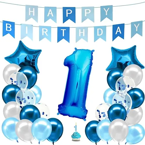 envami® Geburtstagsdeko Jungen Blau Zahl 1. Geburtstag Junge Happy Birthday Folienballon 1 Luftballon 1. Geburtstag Kindergeburtstag Deko 1