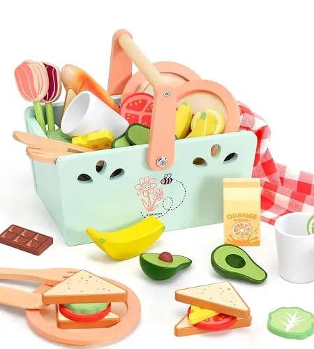 KizKnows Picknickkorb-Set aus Holz für Kinder Rollenspiele Holz Picknick-Set mit Kinderküche Zubehör Spielen Lebensmittel Set Geschenk für Mädchen Jungen ab 3 Jahren