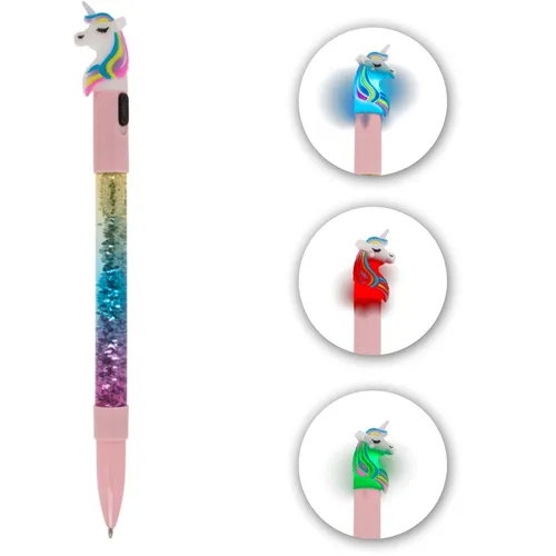 Kugelschreiber Einhorn mit Glitzer und LED Licht bunt leuchtend 15 cm Kunststoff
