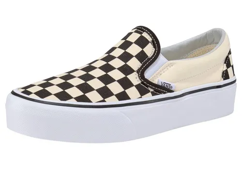 Vans Classic Slip-On Platform 18E BWW BLK/WHT Checkboard - Sneaker mit legendärem Checkerboard-Print, 100% vegan, gepolstert für hohen Tragekomfort und einfaches An- und Ausziehen dank elastischer Seiteneinsätze.