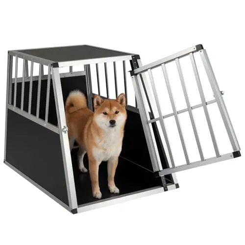 FANTASK Alu Hundetransportbox, abschließbare Tür & herausnehmbare Trennwand, trapezförmige Hundebox für Auto, LKW und Camping (89 x 69 x 50,5 cm)