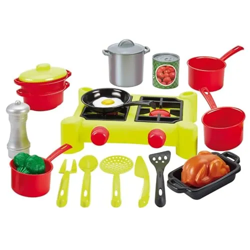 Ecoiffier - Campingkocher für Kinder - platzsparende Spielküche mit viel Zubehör, 21 Teile, Grill, Töpfe, Brathähnchen, für Kinder ab 18 Monaten