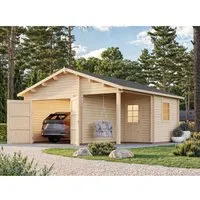 Palmako Holzgarage Roger mit Holztor 510 cm x 550 cm - Fertiggarage mit 21,9 m², aus 44 mm Blockbohlen, winddicht und stabil. Inkl. verstellbarem Holztor und Einzeltür mit Zylinderschloss für hohe Sicherheit. Ideal für Fahrzeuge und Lagerung.