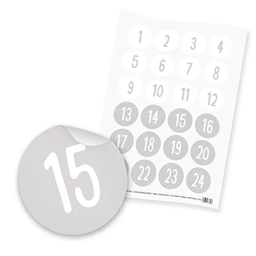 itenga 24x Sticker Zahlen Adventskalender Geschenke Aufkleber Motiv Z35 Schlicht - Ziffern von 1 bis 24 Hellgrau Weiß