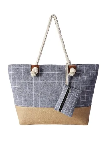 DonDon große Strandtasche XXL mit Reißverschluss - Umhängetasche Damen - große Badetasche für Urlaub vielseitige Shopper Tasche Damen für Strand Urlaub Must Haves Beach bag - Karo blau