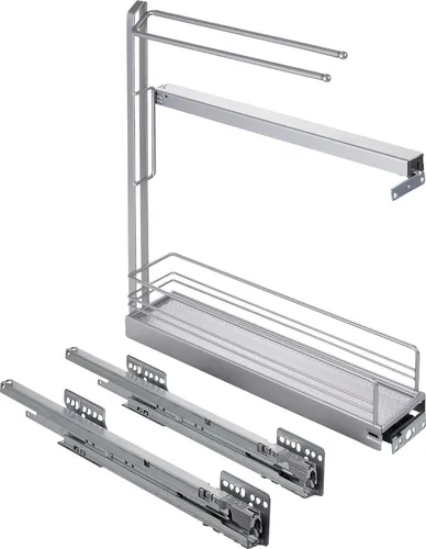 Kesseböhmer Handtuchhalterauszug für 15er Unterschrank - Unterschrankauszug mit Vollauszugsführungen und silbergrauer Oberfläche, ideal für 15 cm breite Schränke. Hohe Tragkraft von 10 kg und einfache Montage an der rechten Schrankseite.