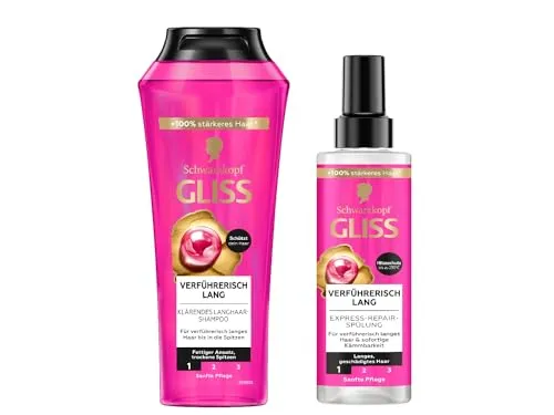 Gliss Shampoo Verführerisch Lang (250 ml), Haarshampoo mit Biotin-Komplex & Pfingstrose, Pflegeshampoo & Gliss Express-Repair-Spülung Verführerisch Lang (200 ml), Haarspülung Pflegespülung Hitzeschutz