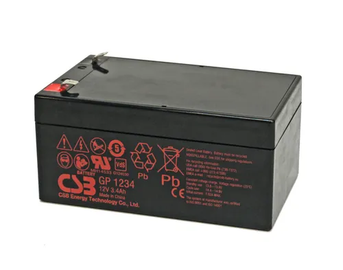 CSB GP1234 AGM Akku 12 Volt 3,4 Ah mit Faston Anschluss - Leistungsstarker CSB GP1234 AGM Akku für vielseitige Anwendungen. Wartungsfrei und auslaufsicher, ideal für Sicherheits- und Alarmanlagen. Kompakte Bauform mit 4,8 mm Anschluss für einfache Integration.