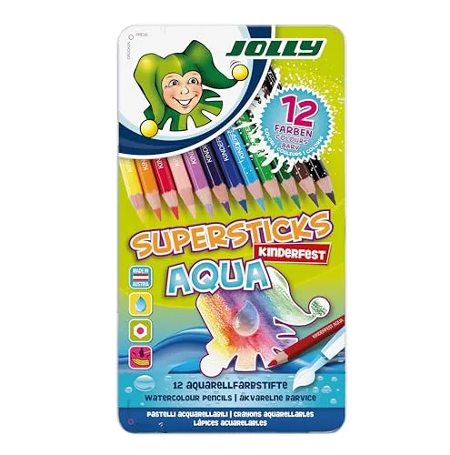 JOLLY Supersticks Kinderfest AQUA Buntstifte, 12er-Metalletui, Wasservermalbar, Bruchsicher, 3.8 mm Mine, Made in Austria