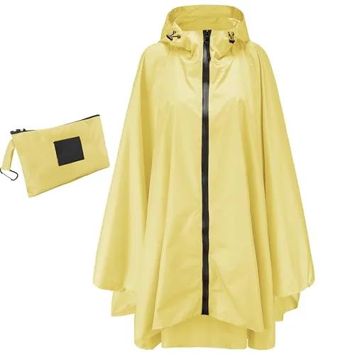 Jewlri Damen Wasserdicht Regenponcho Stilvoll Faltbare Wiederverwendbar Rain Poncho Hiking Outdoor Mehrzweck Regenjacke mit Kapuze(Yellow)