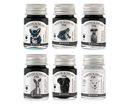 OCTOPUS Fluids Write and Draw Ink Set BASIC GREY - Tintenfässer mit wasserfester, veganer Tinte, ideal für Füller und Pinsel, bietet intensive Farbkraft und schnelles Trocknen für kreative Projekte.