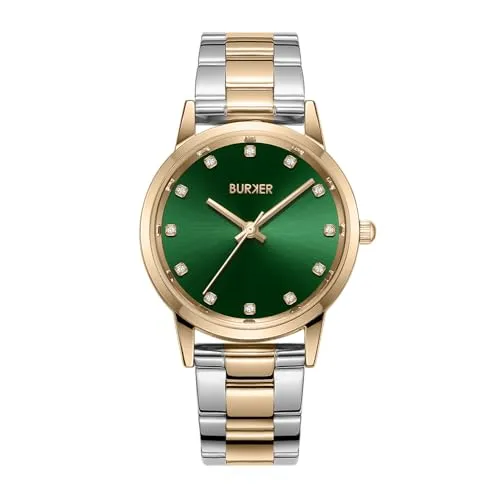 BURKER Damenuhr Amy, Runder Damen Armbanduhr mit Zirkonia Gliederarmband Edelstahl Analog Quarz 3-ATM Wasserdicht - 32 mm - Gold Silber Grün