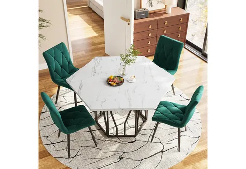 IDEASY Esstisch 1St, sechseckiger Tisch aus Marmorfurnier, Tragkraft 60kg Küchentisch (Schwarzes Metallzweiggestell, schlichter ästhetischer Wohnzimmertisch), 115,5 x 100 cm Esszimmertisch geeignet für Esszimmer und Wohnzimmer
