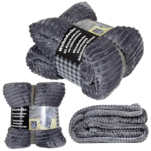 Trendyshop365 Wohndecke 150x200cm in Cordoptik Kuschel-Decke Sherpa-Rückseite Flauschig Tagesdecke (anthrazit)