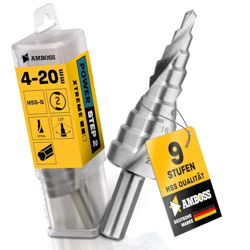 Stufenbohrer Ø 4-20 mm / 9 Stufen Konusbohrer / 10 mm Schaft/Profi Metallbohrer Kegelbohrer HSS/Amboss PowerStep 2 / Lochbohrer geeignet für Stahl, Aluminium, Kunststoff, Acrylglas