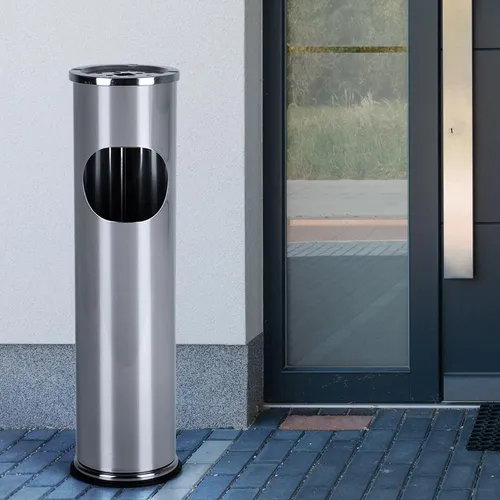 Standaschenbecher Edelstahl 54 cm mit 8 Liter Mülleimer - Eleganter Standaschenbecher aus rostfreiem Edelstahl, ideal für Garten, Terrasse oder Restaurant. Mit herausnehmbarem Aschenbecher und 8 Liter Kapazität für müheloses Entsorgen von Abfällen.
