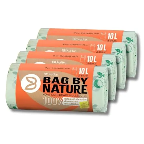 BIOvative PRODUCTS 10L Biomüllbeutel mit Henkel | 100 Müllbeutel, 100% kompostierbar, Made in Germany | Reißfeste Bio-Abfallbeutel, klimaneutralisiert & vegan | Nachhaltig für umweltbewusste Haushalte