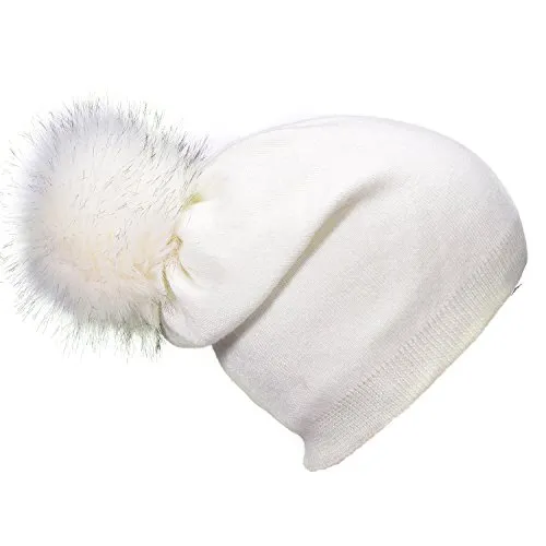 DonDon Damen Winter Bommelmütze mit abnehmbaren Bommel zum Wechseln weiß