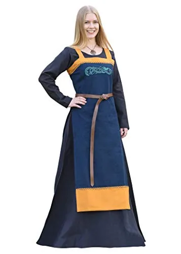 Battle Merchant Wikinger Überkleid mit Jellingstil Stickerei Blau/Gelb XXL - Elegantes Wikinger Überkleid in Blau/Senf-Gelb, ideal für historische Events. Mit aufwendiger Jellingstil-Stickerei und seitlichen Schlitzen bietet es nicht nur Stil, sondern auch Komfort. Perfekt kombinierbar mit einem Ledergürtel.