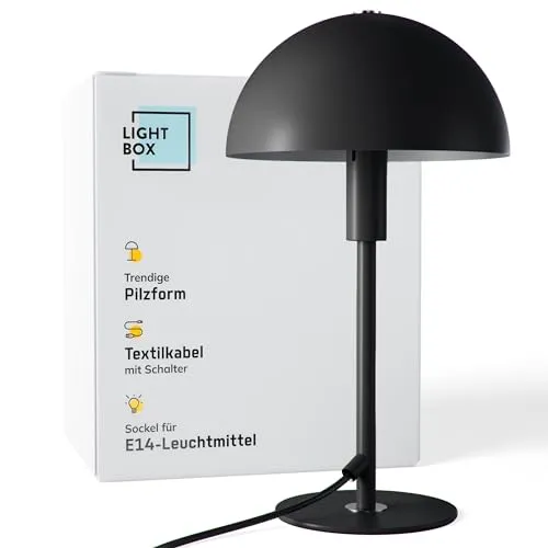 Lightbox Pilz-Tischlampe | 36 cm Höhe, Ø 20 cm | Home Office Schreibtischlampe mit Schalter | LED Lampe (E14 Fassung) als Nachttischlampe & Schreibtisch Zubehör | aus Metall in Schwarz/Silberfarben