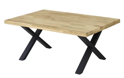 Chris X Couchtisch 110x60 cm Eiche Massivholz - Stylischer Couchtisch aus massiver Eiche mit X-förmigem Metallgestell, ideal für gesellige Abende. Die geölte Oberfläche sorgt für Langlebigkeit und Eleganz.