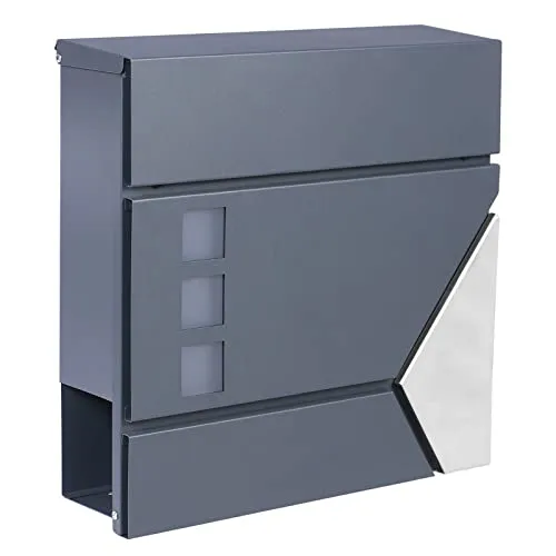 Wiltec Designer Briefkasten V48 Anthrazit und Edelstahl - Wandbriefkasten aus robustem galvanisiertem Stahl, elegantes Design mit Sichtfenstern, abschließbar für mehr Sicherheit, ideal für moderne Hausfronten.