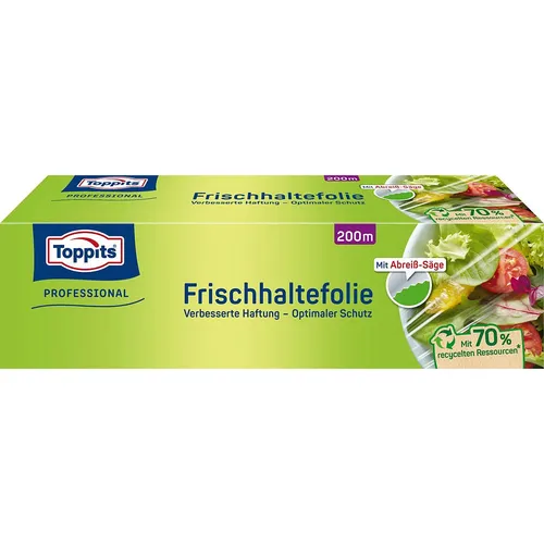Toppits® Frischhalte-Folie Großrolle – 200 Meter reißfest - Sonstige Haushaltswaren – Die Toppits® Frischhalte-Folie ist besonders reißfest, haftet gut und lässt sich leicht aus dem praktischen Dispenser-Karton abrollen.