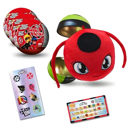 Miraculous Ladybug, Sammelspielzeug Kapsel 4-1, 3er-Set, Miraball Überraschung: Ausdehnbares Kwami-Plüschtier, Metallkugel mit Charakterbildern, Glitzernde Aufkleber, Aufhängeband