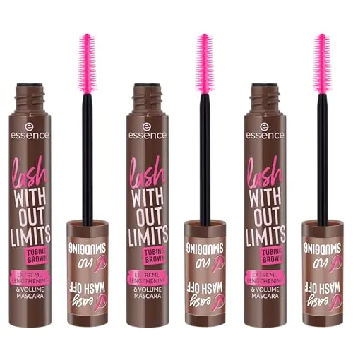 essence lash WITHOUT LIMITS TUBING BROWN EXTREME LENGTHENING & VOLUME MASCARA, Nr. 05, Braun, volumengebend, verlängernd, vegan, Nanopartikel frei, ohne Parfüm, ölfrei, 3er Pack (3x13ml)