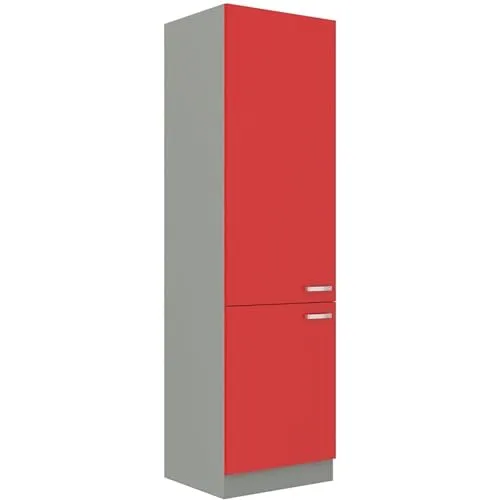 Küchen Hochschrank 60 cm in Glanz Rot + Grau - Küchenzeilen mit elegantem Hochschrank, zwei Türen, fünf Böden und Dämpferscharniere für leises Schließen. Ideal für moderne Küchen und kombinierbar mit ROSE, GREY und BIANCA.