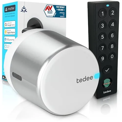 tedee Lock GO 2 Aluminium Set |smartes Türschloss Silber|biometrisches Tastenfeld Schwarz | Smart Home iOS, Android |Bluetooth| Motorschloss | PIN+Fingerprint | keine Installationshardware